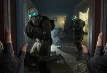 First-person view of gloved hands facing armored enemies in Half-Life: Alyx
