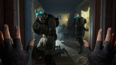 First-person view of gloved hands facing armored enemies in Half-Life: Alyx