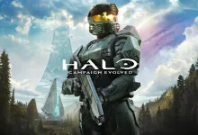 Master Chief stands in a forested landscape beneath a cloudy sky with the Halo: Campaign Evolved logo across the image