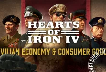 Hearts of Iron IV artwork showing five military leaders with text reading Civilian Economy and Consumer Goods