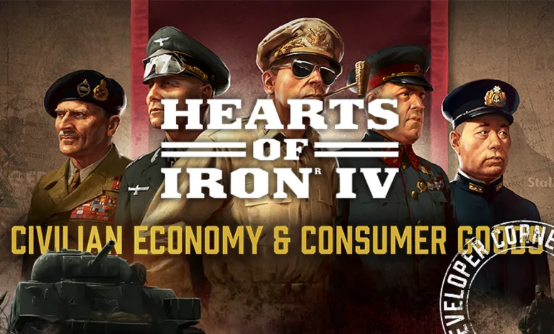Hearts of Iron IV artwork showing five military leaders with text reading Civilian Economy and Consumer Goods