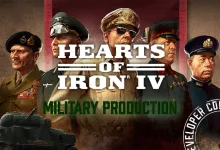 Hearts of Iron IV artwork showing military leaders and a tank beneath the text Military Production