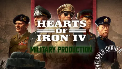 Hearts of Iron IV artwork showing military leaders and a tank beneath the text Military Production