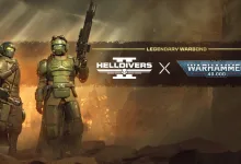 Two Helldivers stand in battle-worn armor beside the Helldivers 2 and Warhammer 40,000 logos for the Legendary Warbond