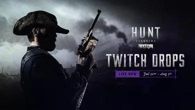 Hunt: Showdown 1896 hunter holding a rifle beside Twitch Drops artwork marked Live Now and July 22nd to August 5th