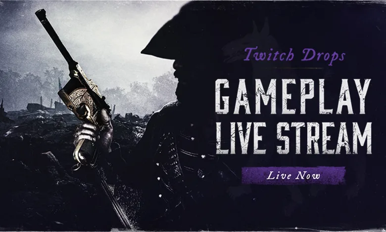 Hunt: Showdown 1896 hunter silhouette beside artwork announcing a Twitch Drops gameplay live stream