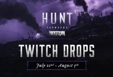 Hunt: Showdown 1896 Twitch Drops artwork showing a dark purple battlefield, the game logo, and campaign dates from July 22 to August 5