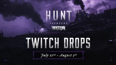 Hunt: Showdown 1896 Twitch Drops artwork showing a dark purple battlefield, the game logo, and campaign dates from July 22 to August 5