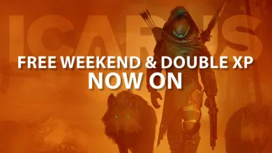 ICARUS character standing with two animals beneath text reading Free Weekend & Double XP Now On