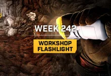 Icarus character holding a flashlight inside a cave beneath text reading Week 242 Workshop Flashlight