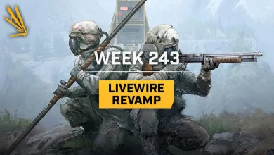 Two armored Icarus operatives pose with weapons beneath the text Week 243 Livewire Revamp