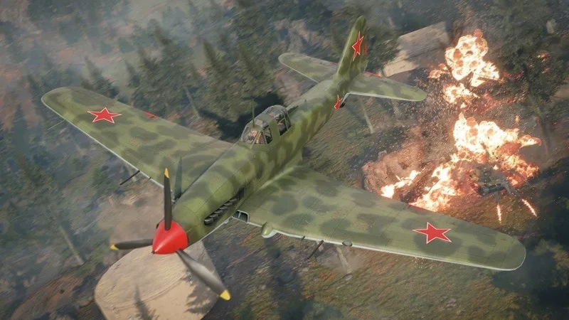 IL-10 aircraft flying over a burning battlefield