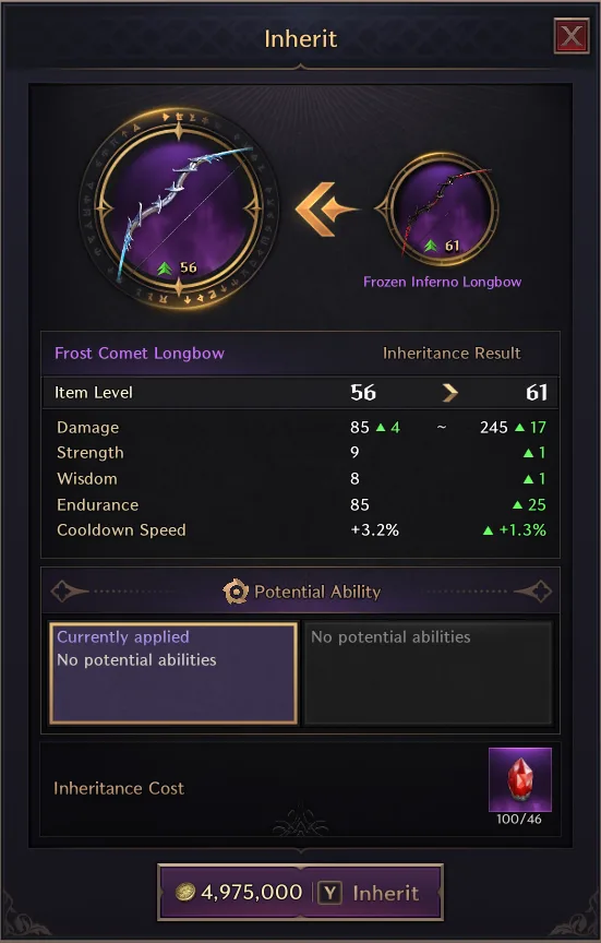 Inheritance equipment screen in Throne and Liberty