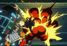 Top-down gameplay scene of Jin attacking an armored enemy amid a large explosion in Kusan: City of Wolves