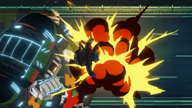 Top-down gameplay scene of Jin attacking an armored enemy amid a large explosion in Kusan: City of Wolves