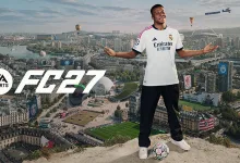 Kylian Mbappé stands above a football-filled cityscape beside the EA SPORTS FC 27 logo