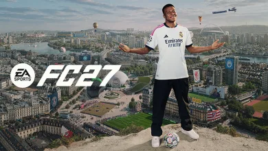 Kylian Mbappé stands above a football-filled cityscape beside the EA SPORTS FC 27 logo