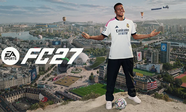 Kylian Mbappé stands above a football-filled cityscape beside the EA SPORTS FC 27 logo