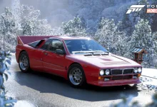 Red Lancia 037 Stradale on a snowy road in Forza Horizon 6
