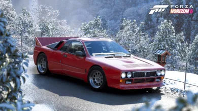Red Lancia 037 Stradale on a snowy road in Forza Horizon 6