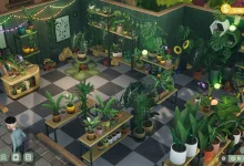 Leafy Corner gameplay showing a cozy plant shop filled with potted plants, shelves, tables, and customers