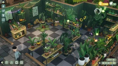 Leafy Corner gameplay showing a cozy plant shop filled with potted plants, shelves, tables, and customers