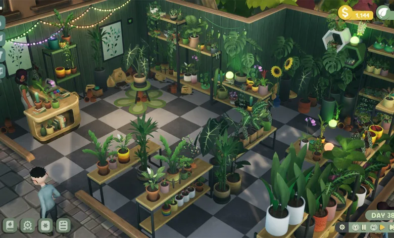 Leafy Corner gameplay showing a cozy plant shop filled with potted plants, shelves, tables, and customers