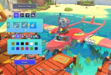 A colorful seaplane being customized in a tropical island workshop in Lou's Lagoon