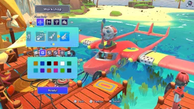 A colorful seaplane being customized in a tropical island workshop in Lou's Lagoon