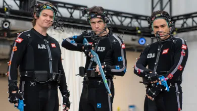 Three performers in motion-capture suits on the set of Mafia: The Old Country