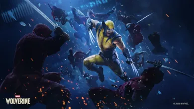 Wolverine leaps into combat against multiple enemies while holding his claws ready