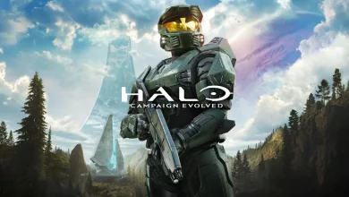 Master Chief stands armed in a forested landscape with a towering Halo ring in the background.