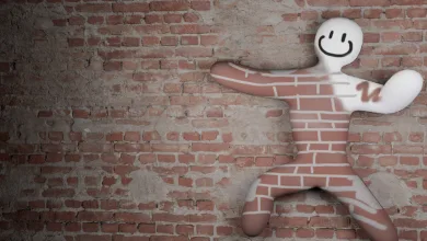 White smiling Meccha Chameleon character with a brick-patterned body standing against a brick wall