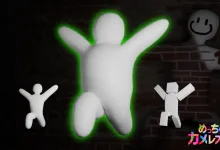 White Meccha Chameleon character silhouettes, including a larger plump figure outlined in green, against a brick wall