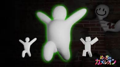 White Meccha Chameleon character silhouettes, including a larger plump figure outlined in green, against a brick wall