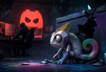 A colorful stylized chameleon sits amid debris in a dark server room, with a cracked wall and glowing Discord symbol suggesting a compromised community server.