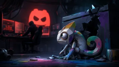 A colorful stylized chameleon sits amid debris in a dark server room, with a cracked wall and glowing Discord symbol suggesting a compromised community server.