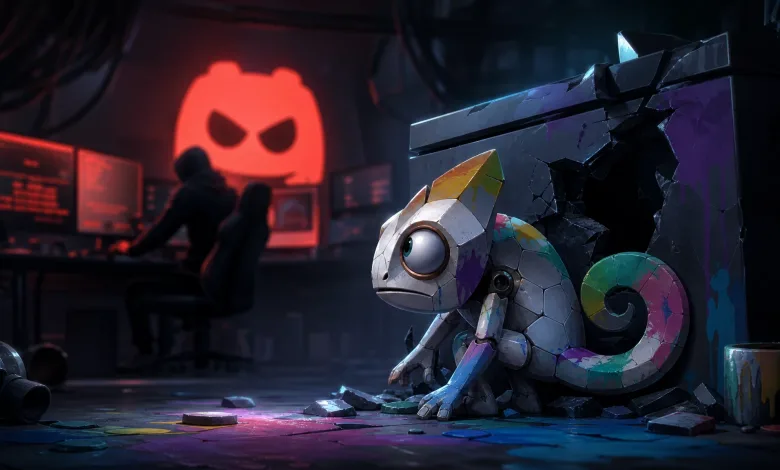 A colorful stylized chameleon sits amid debris in a dark server room, with a cracked wall and glowing Discord symbol suggesting a compromised community server.