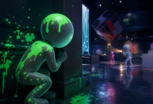 A glowing green-painted chameleon character hides behind a museum column while other figures move through the dark gallery.