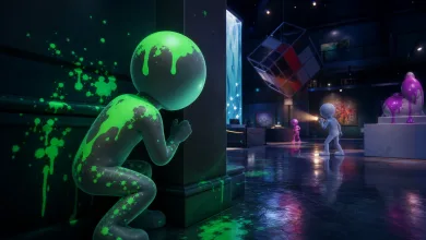 A glowing green-painted chameleon character hides behind a museum column while other figures move through the dark gallery.