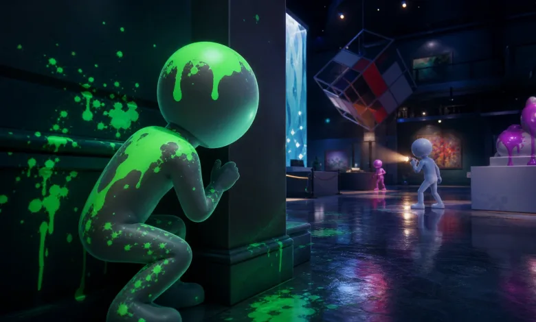 A glowing green-painted chameleon character hides behind a museum column while other figures move through the dark gallery.