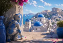 A blue-and-white Greek village overlooks the sea and Acropolis while a blue-and-white camouflaged player hides beside a wall.