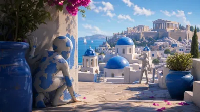A blue-and-white Greek village overlooks the sea and Acropolis while a blue-and-white camouflaged player hides beside a wall.