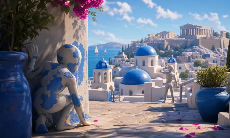 A blue-and-white Greek village overlooks the sea and Acropolis while a blue-and-white camouflaged player hides beside a wall.