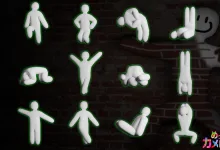 Twelve white emote figures outlined in green appear against a dark brick wall, with the Meccha Chameleon character partially visible behind them.