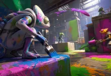 Colorful chameleon-like characters paint themselves and the arena with bright pink, blue, green, and orange paint.