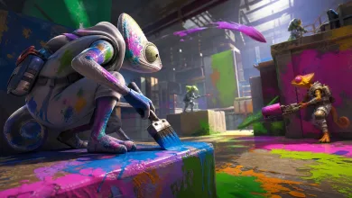 Colorful chameleon-like characters paint themselves and the arena with bright pink, blue, green, and orange paint.