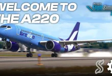 Blue-and-purple A220 airliner landing on a runway beneath Welcome to the A220 text