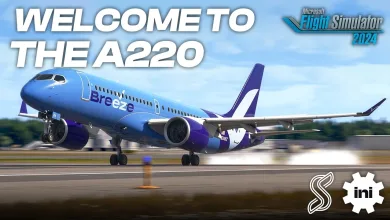 Blue-and-purple A220 airliner landing on a runway beneath Welcome to the A220 text
