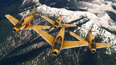 A formation of aircraft flying over snow-covered mountains in Microsoft Flight Simulator 2024